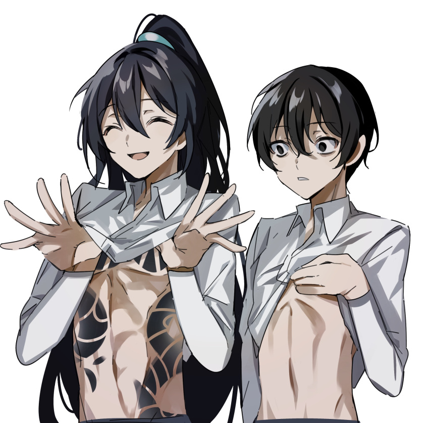 2boys black_hair breasts closed_eyes cloud_tattoo collared_shirt hand_up high_ponytail highres hong_lu_(project_moon) kurokumo_clan_(identity)_(project_moon) limbus_company long_sleeves male_focus mu46016419 multiple_boys open_mouth project_moon shirt smile white_shirt yi_sang_(project_moon)