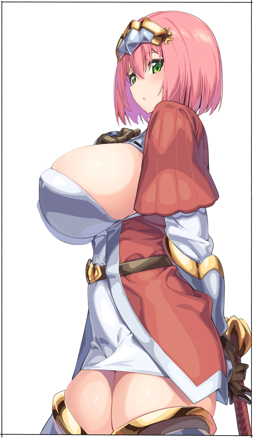 absurdres belt blush breasts brown_gloves covered_nipples cowboy_shot curvy dress female from_side futoku_no_guild gloves gold_trim green_eyes hair_between_eyes hanabata_nohkins headgear highres holding holding_weapon huge_breasts impossible_clothes impossible_dress kei_(soundcross) looking_at_viewer pencil_dress pink_hair short_dress short_hair sideboob simple_background solo standing thighs weapon white_background white_dress zettai_ryouiki