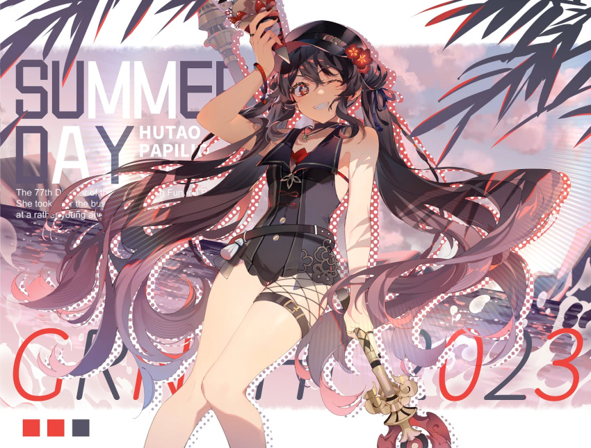 2023 ;d alternate_costume arm_up bare_shoulders belt black_collar black_hat black_nails black_one-piece_swimsuit bracelet brown_hair cabbie_hat collar collared_one-piece_swimsuit english_text feet_out_of_frame female flower-shaped_pupils food genshin_impact grin hat holding holding_food holding_ice_cream hu_tao_(genshin_impact) ice_cream jewelry knees_together_feet_apart long_hair looking_at_viewer one-piece_swimsuit one_eye_closed pendant red_eyes ring smile solo staff_of_homa_(genshin_impact) swimsuit symbol-shaped_pupils thigh_strap twintails very_long_hair water xuzhi2204