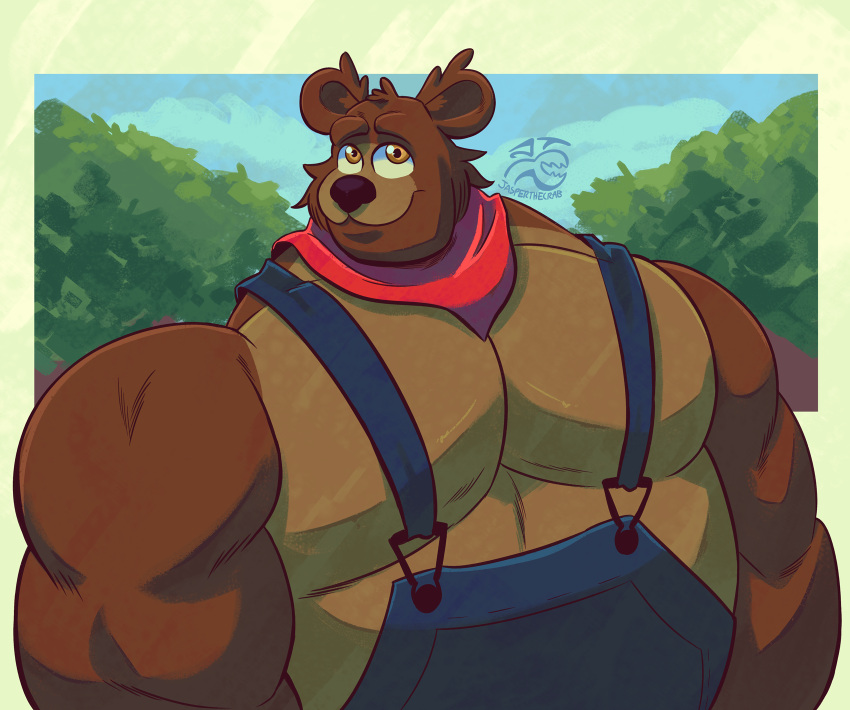 animal_humanoid bear belly blue_clothing clothing hi_res humanoid jasperthecrab kerchief little_bear male mammal mammal_humanoid muscular muscular_male neckerchief overalls pecs solo uncle_rusty_(little_bear) ursid_humanoid ursine