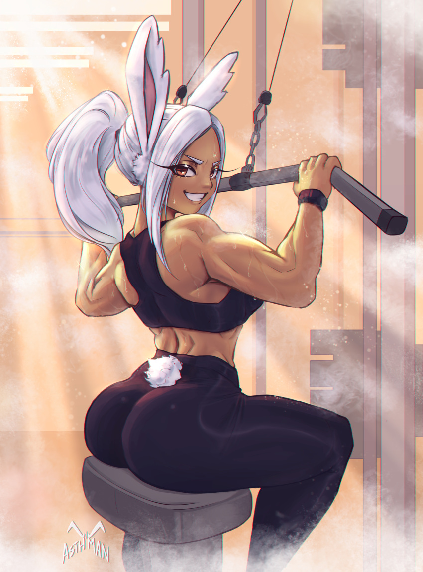 :d absurdres animal_ears artist_name ass asthman back_muscles bare_shoulders biceps black_pants black_sports_bra boku_no_hero_academia breasts dark-skinned_female dark_skin english_commentary exercise_machine exercising female from_behind grin highres holding large_breasts long_eyelashes long_hair looking_at_viewer median_furrow mirko muscular muscular_female orange_eyes pants parted_bangs ponytail rabbit_ears rabbit_girl rabbit_tail red_eyes sitting smile solo sports_bra steaming_body sweat tail tail_through_clothes thick_thighs thighs watch weight_machine weightlifting weights white_hair wrist_straps wristwatch yoga_pants