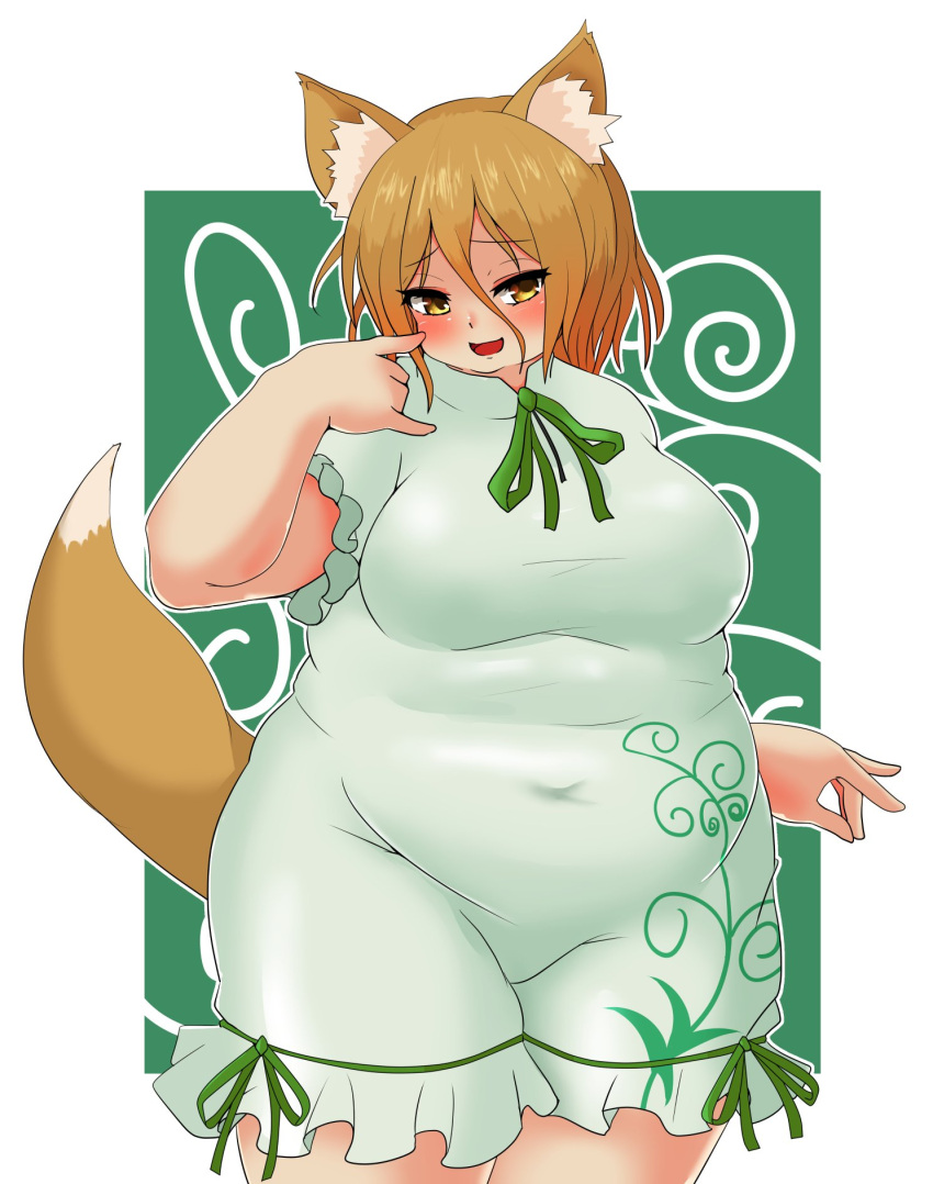 alternate_body_size animal_ear_fluff animal_ears blonde_hair blush border bow breasts brown_tail commentary_request covered_navel cowboy_shot eyes_visible_through_hair fat female fox_girl fox_shadow_puppet fox_tail green_background green_bow hair_between_eyes highres kudamaki_tsukasa large_breasts looking_at_viewer nerizou open_mouth outline outside_border short_sleeves solo tail thick_arms thick_thighs thighs touhou tsurime white_border white_outline white_romper yellow_eyes