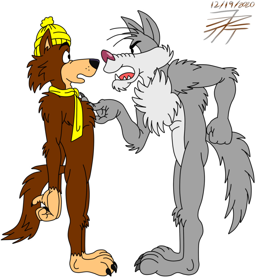 3_toes 4_fingers anthro arm_tuft back_tuft belly biped black_eyebrows black_eyes black_nose brown_body brown_fur canid canine canis cheek_tuft chest_fur chest_tuft chin_tuft claws clothing colored countershade_torso countershading dated detailed digital_drawing_(artwork) digital_media_(artwork) duo elbow_tuft eye_contact eyebrows facial_tuft fangs feet finger_claws finger_on_chest fingers fist fur gesture glare glaring_at_another grey_body grey_fur hand_gesture hanna-barbera hat head_tuft headgear headwear hi_res humanoid_feet knee_tuft knit_hat lecture leg_tuft looking_at_another loopy_(loopy_de_loop) loopy_de_loop male mammal multicolored_body multicolored_fur muscular muscular_anthro muscular_male nude open_mouth paws pecs pink_nose pinup plantigrade pointing pointing_at_another poking poking_chest pose ribs scarf scolding shaded sharp_teeth shoulder_tuft side_view signature standing tan_body tan_eyebrows tan_fur teeth thick_eyebrows thomas_timber_wolf timber_wolf_(series) toe_claws toes tuft tuque two_tone_body two_tone_fur whiskers white_belly white_body white_fur white_sclera wolf yellow_clothing yellow_hat yellow_headwear yellow_scarf zgrooz