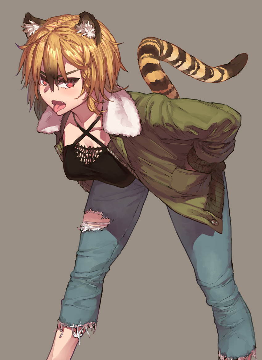 absurdres animal_ears black_shirt blush breasts brown_hair cleavage collarbone criss-cross_halter denim female green_jacket grey_background halterneck highres jacket jeans large_breasts leaning_forward long_sleeves looking_at_viewer open_mouth original pants red_eyes shirt shoe-ji short_hair simple_background solo tail tiger_ears tiger_girl tiger_tail tongue tongue_out