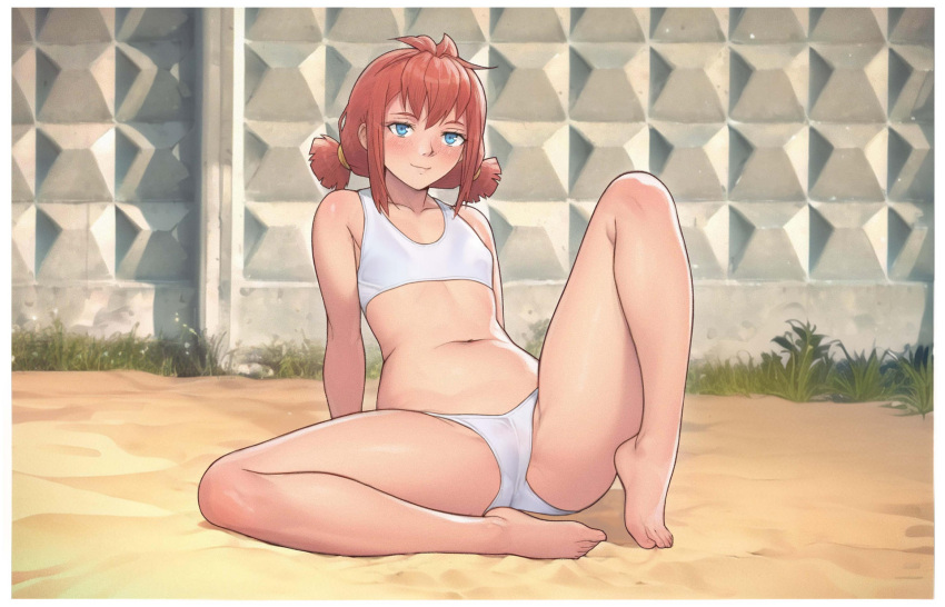 bikini blue_eyes commentary english_commentary everlasting_summer female flat_chest full_body grass highres leonzo navel red_hair short_twintails sidelocks sitting solo spread_legs swimsuit twintails ussr-tan white_bikini