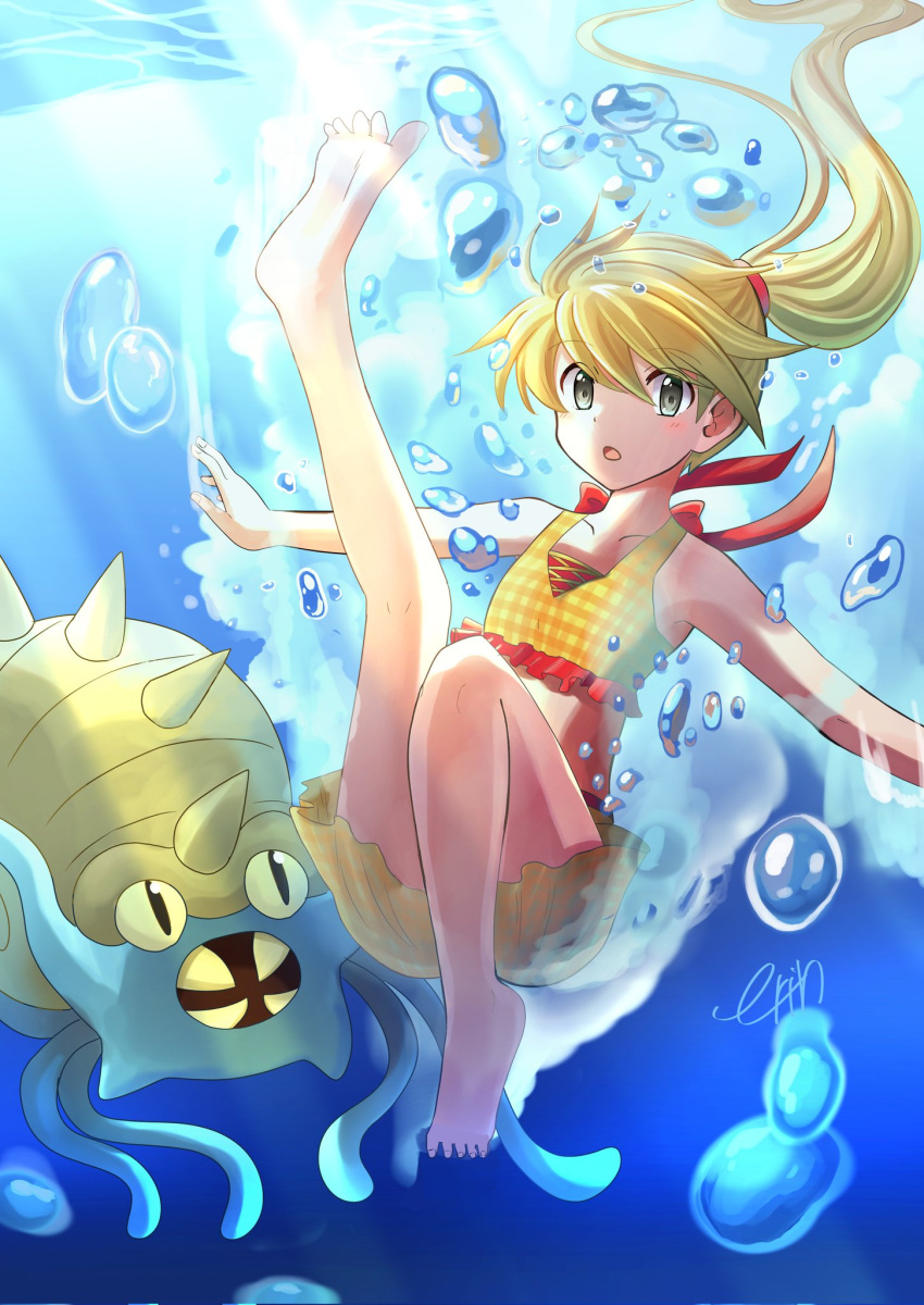 :o bare_arms bare_legs bare_shoulders barefoot bikini blonde_hair blush bow bubble collarbone commentary_request erin_oekaki0803 female frilled_bikini frills hair_between_eyes highres leg_up long_hair omastar open_mouth pokemon pokemon_(creature) pokemon_adventures ponytail red_bow shell spikes swept_bangs swimsuit underwater yellow_(pokemon) yellow_bikini yellow_eyes