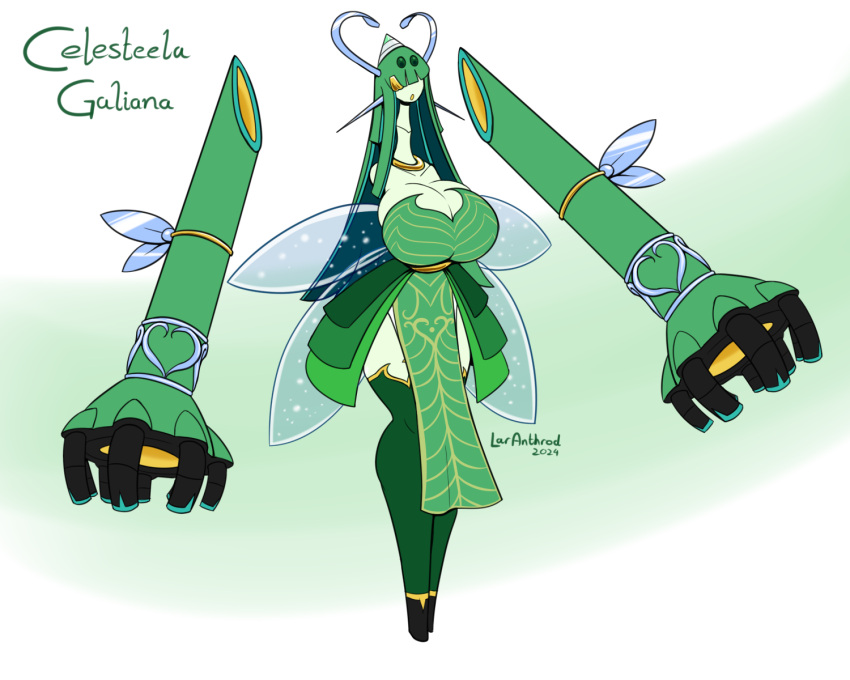 2024 anthro artist_name breasts celesteela cleavage clothed clothing digital_media_(artwork) english_text female floating_arms floating_hands forehead_gem gali_(pokemonoa111) gem generation_7_pokemon green_body green_breasts green_clothing green_text hair hair_over_eyes hi_res latiar nintendo obscured_eyes open_mouth pokemon pokemon_(species) pokemorph simple_background solo standing text ultra_beast wings