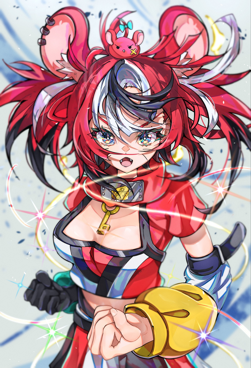 absurdres animal_ears black_hair blue_eyes blurry blurry_background breasts cleavage cleavage_cutout clenched_hands clothing_cutout cowboy_shot crop_top detached_sleeves fangs female gummy_candy_93 hakos_baelz headband headband_around_neck highres hololive hololive_english medium_breasts midriff mouse_ears mouse_girl multicolored_hair official_alternate_costume red_hair red_headband red_shirt shirt solo twintails virtual_youtuber white_hair