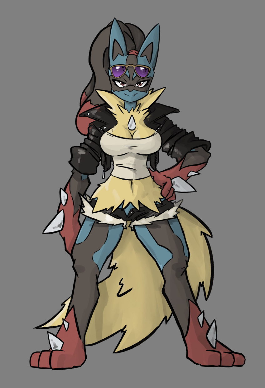 2024 accessory anthro big_breasts big_tail black_body black_fur blue_body blue_fur body_hair bottomwear breasts chest_hair chest_spike chest_tuft clothed clothing digital_drawing_(artwork) digital_media_(artwork) dreadlocks eyewear eyewear_on_head female fluffy fur generation_4_pokemon generation_6_pokemon hair hair_accessory hair_tie hand_on_hip hi_res jacket leather leather_clothing leather_jacket leather_topwear looking_at_viewer lucario lucia_(snoutless) mega_evolution mega_lucario multicolored_body multicolored_fur nintendo open_clothing open_jacket open_topwear pokemon pokemon_(species) red_eyes shirt shorts simple_background smile snoutless solo spikes spikes_(anatomy) standing sunglasses sunglasses_on_head tail topwear tuft white_clothing white_shirt white_topwear yellow_body yellow_fur yellow_tail