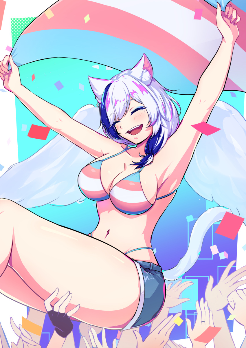 absurdres animal_ears armpits bikini cat_ears cat_tail confetti denim denim_shorts eyeshadow feathered_wings female flag held_up highres lgbt_pride makeup multicolored_hair navel panties short_hair shorts solo string_bikini string_panties swimsuit tail thighs underwear wings