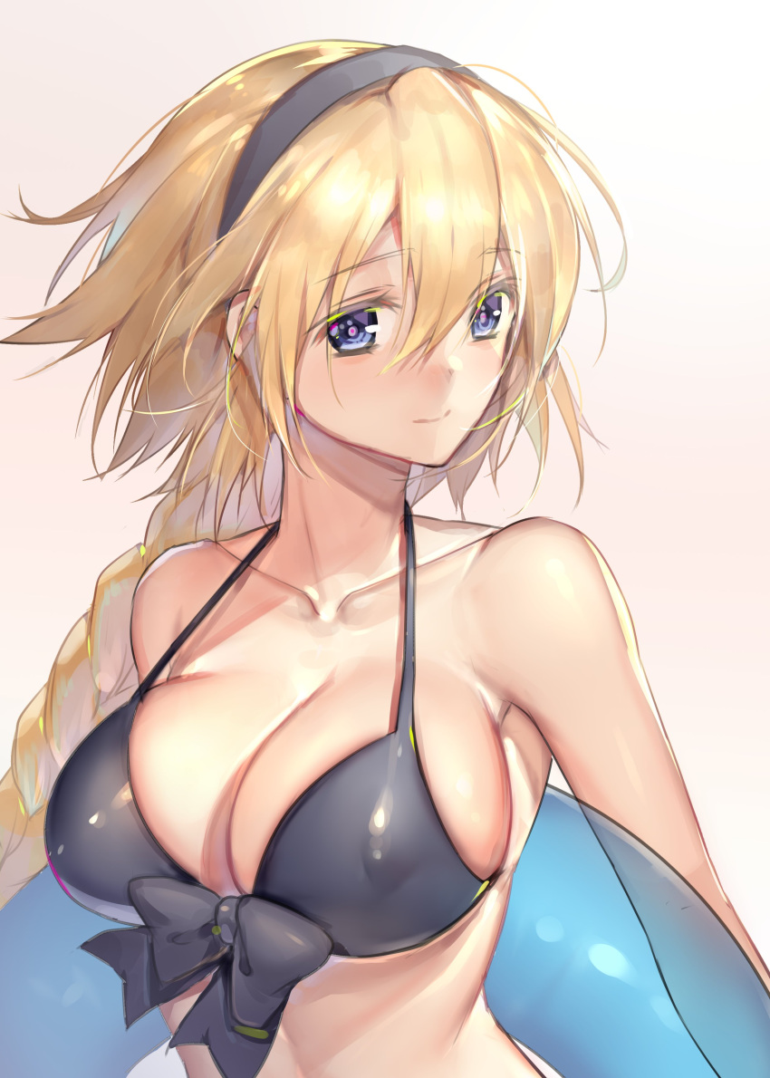 absurdres bare_shoulders bikini black_bikini blonde_hair blue_eyes braid braided_ponytail breasts cleavage collarbone fate/grand_order fate_(series) female hairband highres innertube jeanne_d'arc_(fate) jeanne_d'arc_(swimsuit_archer)_(fate) jeanne_d'arc_(swimsuit_archer)_(first_ascension)_(fate) large_breasts long_hair looking_at_viewer mogullaz smile solo swim_ring swimsuit very_long_hair