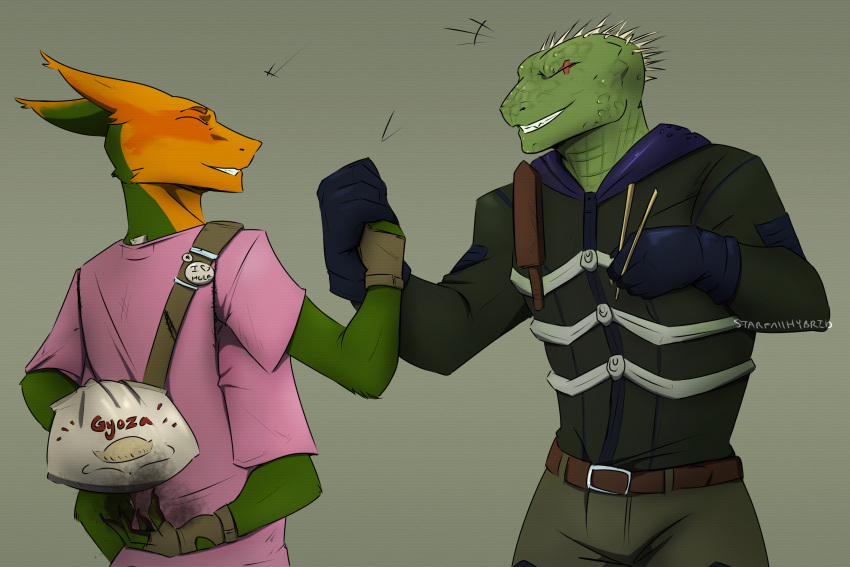 absurd_res anthro buddies closed_eyes dorohedoro duo gemini_the_sergal gesture green_body green_scales handshake hi_res kaiman_(dorohedoro) male multi_arm multi_limb multicolored_body scales smile smiling_at_each_other starfallhybrid_(artist)