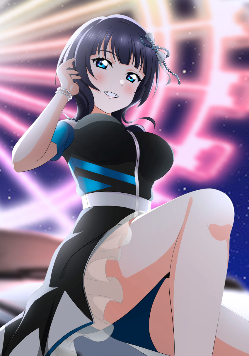 absurdres asaka_karin black_dress blue_eyes blue_hair blue_shorts blush bracelet breasts dark_blue_hair dress female ferris_wheel grin hair_ornament highres jewelry kujo_awenn large_breasts love_live! love_live!_nijigasaki_high_school_idol_club medium_hair night night_sky pearl_bracelet shorts sitting sky smile the_secret_night_(love_live!)