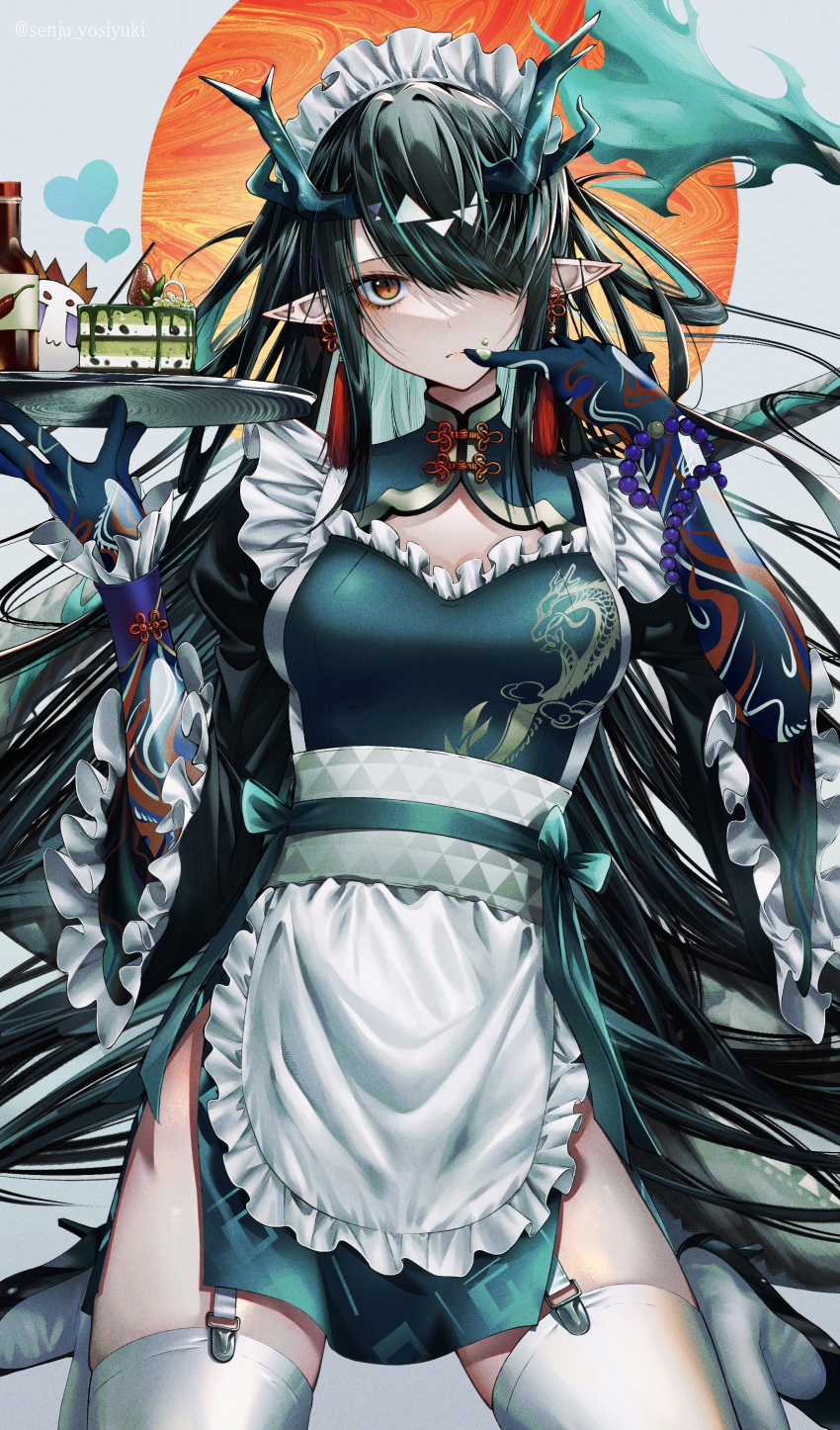 absurdly_long_hair absurdres apron arknights arm_tattoo bead_bracelet beads black_hair blue_skin blush bracelet breasts cake colored_skin commentary_request dragon_girl dragon_horns dragon_print dragon_tail dusk_(arknights) earrings female food food_on_face garter_straps green_hair hair_over_one_eye heart high_heels highres holding holding_tray horns jewelry long_hair looking_at_viewer maid maid_apron maid_headdress medium_breasts multicolored_hair multicolored_skin orange_eyes pointy_ears sauce senju_yosiyuki sidelocks sitting slit_pupils solo_focus streaked_hair tail tattoo thighhighs tray twitter_username very_long_hair wide_sleeves