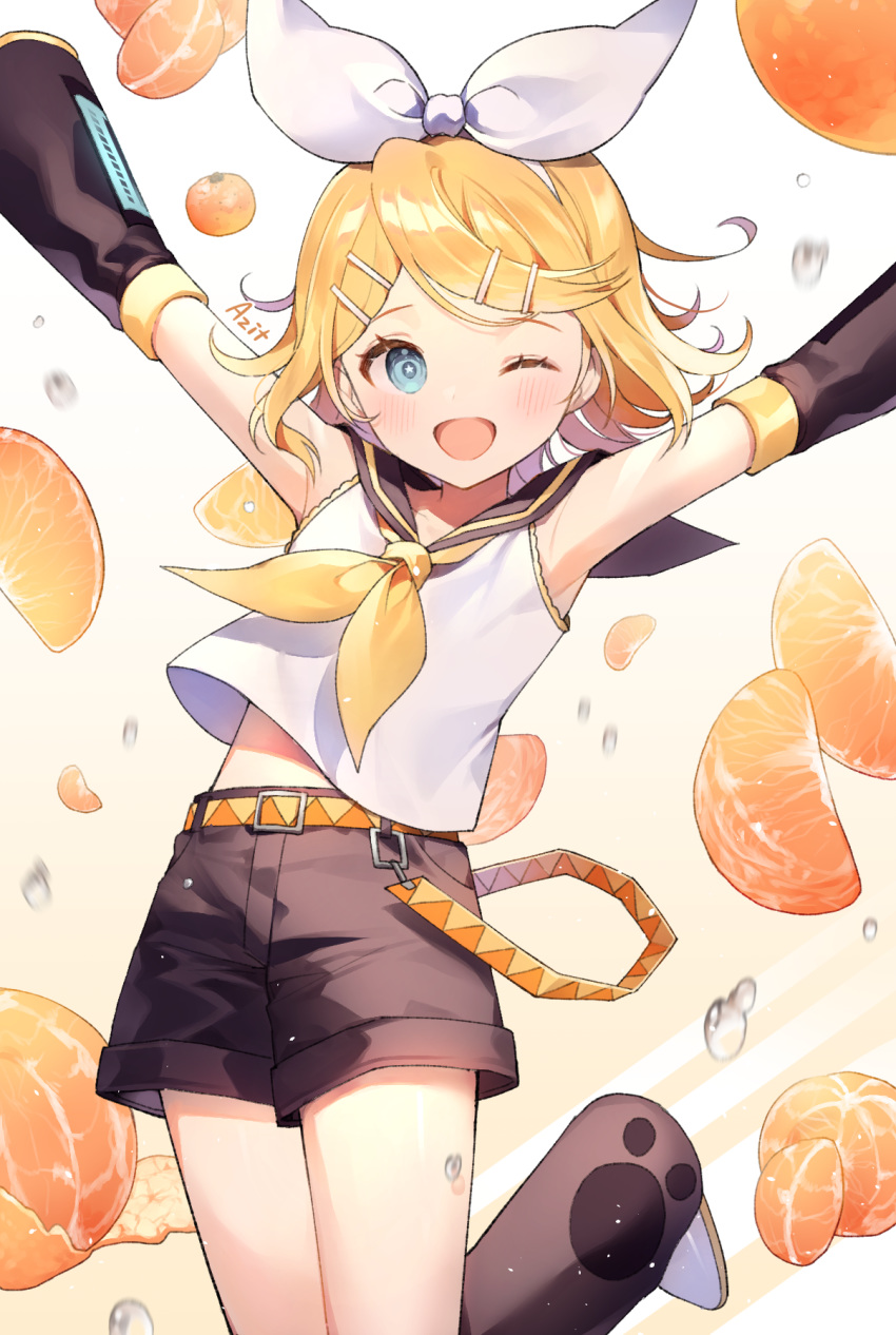 arms_up artist_name azit_(down) black_footwear black_sailor_collar black_shorts blonde_hair blue_eyes blush boots clothes_lift commentary_request detached_sleeves female food fruit hair_ornament hairband hairclip highres jumping kagamine_rin looking_at_viewer mandarin_orange midriff_peek motion_blur neckerchief one_eye_closed sailor_collar shirt shirt_lift short_hair shorts solo star_(symbol) star_in_eye symbol_in_eye vocaloid water_drop white_shirt yellow_neckerchief