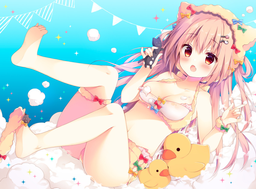 :o animal_ears bare_shoulders barefoot blue_bow blush boots bow breasts brown_hair brown_shorts cat_ears cat_hair_ornament cleavage collarbone commentary_request fake_animal_ears female flower green_bow hair_between_eyes hair_flower hair_ornament hairclip holding izumiyuhina long_hair looking_at_viewer medium_breasts oerba_yun_fang open_mouth original pennant photoshop_(medium) pink_flower red_bow red_eyes rubber_boots short_shorts shorts soles solo string_of_flags striped striped_bow very_long_hair yellow_bow