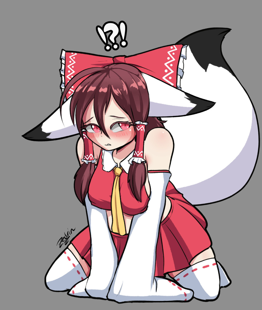 absurd_res accessory alternate_species animal_humanoid big_breasts blush bow_ribbon breasts brown_hair canid canid_humanoid canine canine_humanoid clothing female fox_humanoid hair hair_accessory hair_ribbon hairbow hi_res humanoid looking_away mammal mammal_humanoid red_eyes reimu_hakurei ribbons side_boob signature simple_background solo tail text thick_thighs touhou zedrin