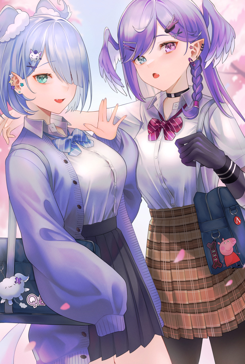 2girls :o absurdres apex_legends bag black_skirt blue_bow blue_bowtie blue_cardigan blue_eyes blue_hair blush bob_cut bone_charm bow bowtie braid breasts brown_skirt button_gap cardigan charm_(object) cherry_blossoms choker cloud dragon dress dress_shirt elira_pendora ember_(selen_tatsuki) english_text eyelashes famelira_(elira_pendora) gfpebs hair_ornament hair_over_one_eye hairclip head_wings heterochromia highres large_breasts medium_hair multiple_girls nijisanji nijisanji_en oerba_yun_fang one_eye_covered pantyhose peppa_pig peppa_pig_(series) pig pikl_(elira_pendora) pleated_skirt pointy_ears purple_bow purple_bowtie purple_eyes purple_hair red_dress school_bag school_uniform selen_tatsuki shirt short_hair shoulder_bag siblings sisters skirt sky sleeves_past_fingers sleeves_past_wrists smile tented_shirt twin_braids virtual_youtuber white_shirt wings wristband x_hair_ornament