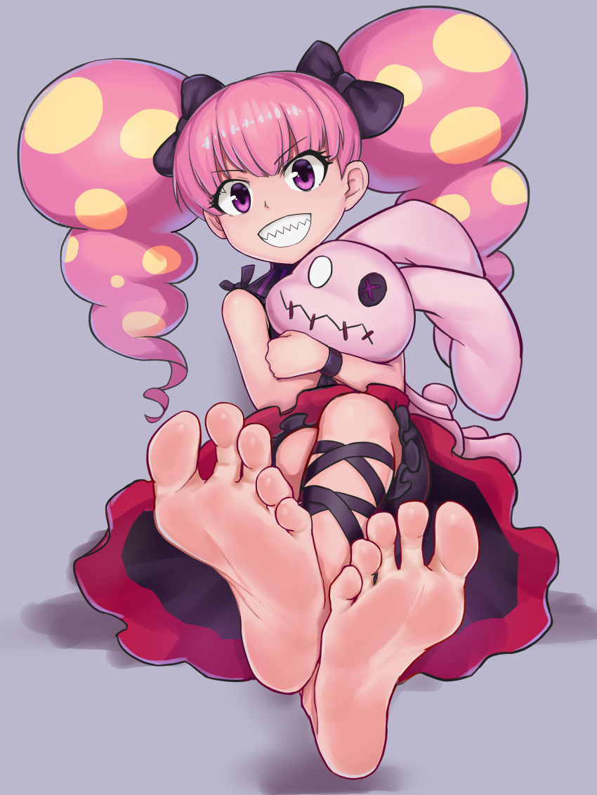 absurdres ankle_lace-up aomoro armband bad_id bad_pixiv_id bakugan bakugan:_battle_planet barefoot blonde_hair blush bow china_riot commentary_request cross-laced_footwear crossed_legs doll dress evil_grin evil_smile eyebrows eyelashes feet female foot_focus greek_toe grey_background grin highres holding hugging_doll hugging_object legs lolicon long_hair looking_at_viewer multicolored_clothes multicolored_dress multicolored_hair pink_hair pov purple_eyes sharp_teeth short_twintails simple_background sitting smile soles solo stuffed_animal stuffed_rabbit stuffed_toy teasing teeth toes toy twintails wristband