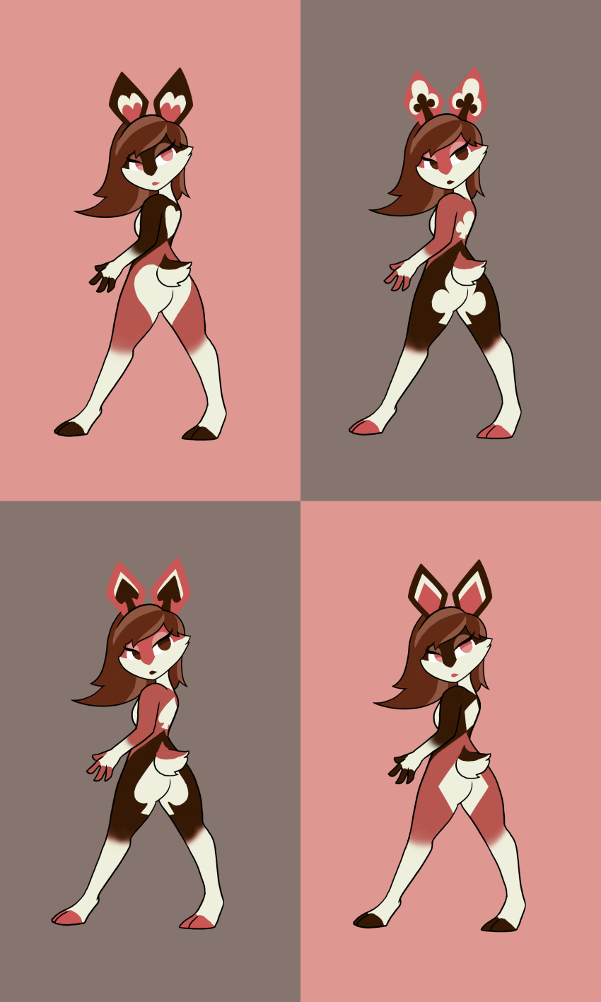 3:5 absurd_res anthro ass brown_eyes brown_hair brown_lips butt_heart clubs_(suit) diamonds_(suit) eyeshadow female fur gloves_(marking) group hair heart_symbol hi_res lagomorph leg_markings lips looking_at_viewer makeup mammal markings multicolored_body multicolored_fur red_eyes red_lips socks_(marking) spades_(suit) standing suit_symbol suitbun tiddysoft two_tone_tail