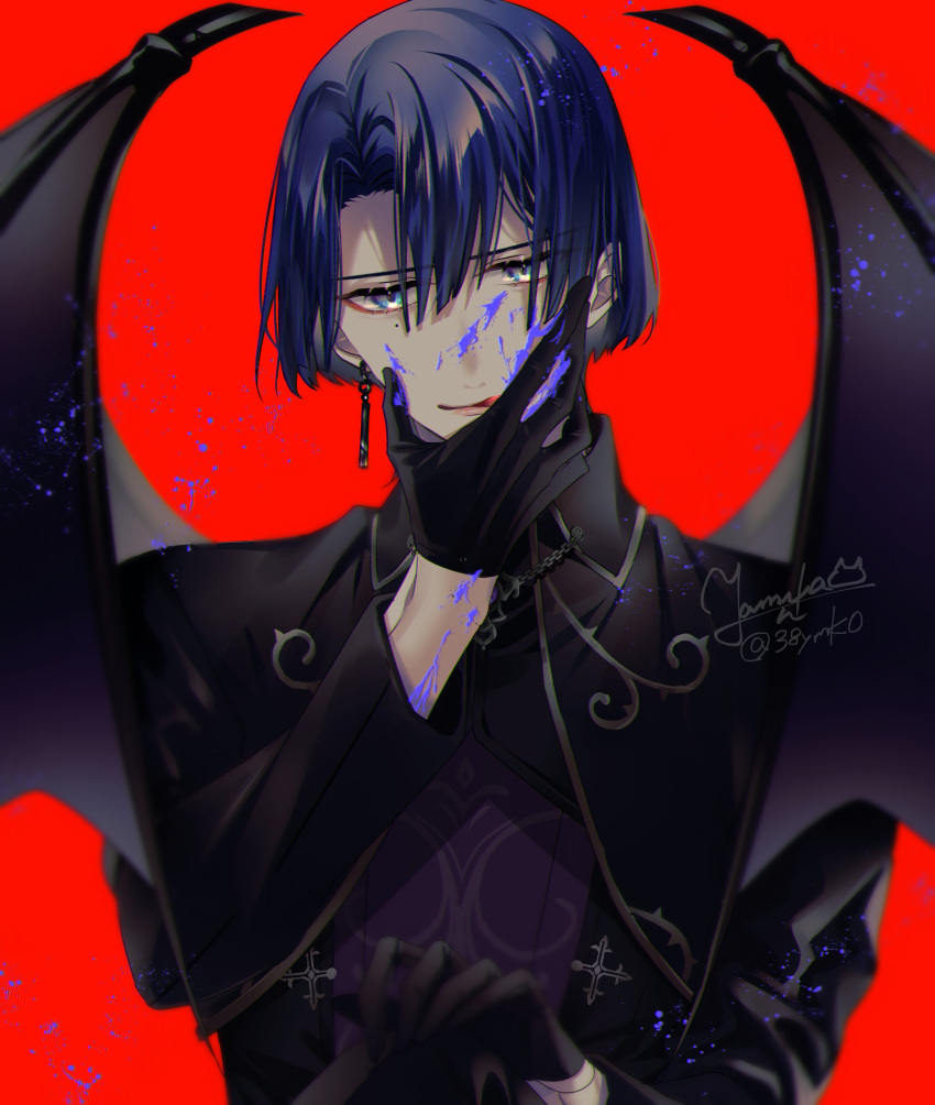 1boy absurdres black_gloves black_jacket black_wings blood blood_on_face blood_on_hands blood_splatter blue_blood blue_eyes blue_hair blunt_ends bob_cut collar_chain_(jewelry) collared_jacket cross cross_fleury curtained_hair dark_blue_hair demon_wings earrings gloves hair_between_eyes half_gloves hand_on_own_face head_tilt highres hijirikawa_masato holding jacket jewelry licking_lips looking_at_viewer male_focus mole mole_under_eye official_alternate_costume purple_shirt red_background shirt short_hair signature simple_background single_earring solo tongue tongue_out twitter_username upper_body uta_no_prince-sama uta_no_prince-sama:_shining_live wings yamika