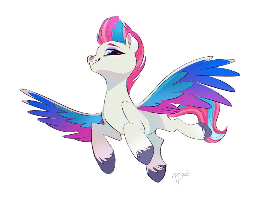 2021 blue_eyes digital_media_(artwork) equid equine feathered_wings feathers female feral flying fur hair hasbro hi_res hooves krossan_(artist) mammal mlp_g5 multicolored_wings my_little_pony mythological_creature mythological_equine mythology pegasus pink_hair pink_tail simple_background smile solo spread_wings tail tuft white_background white_body white_fur wings zipp_storm_(mlp)