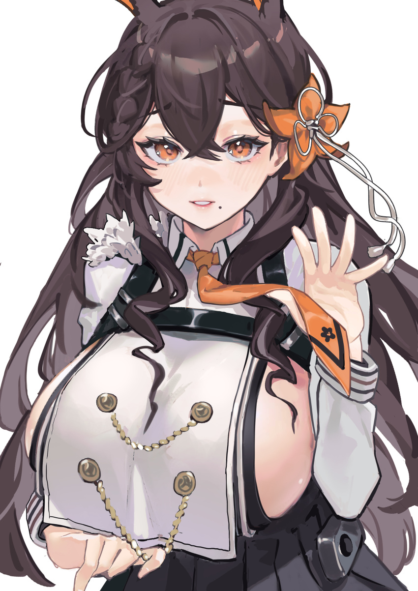 absurdres animal_ears azur_lane black_skirt blush braid breast_curtain breasts brown_hair chains chikuma_(azur_lane) chinese_commentary collared_shirt commentary_request crossed_bangs dripping extra_ears female flower hair_between_eyes hair_flower hair_ornament hand_up highres large_breasts long_hair long_sleeves looking_at_viewer mole mole_under_mouth necktie neckwear_lift orange_eyes orange_flower orange_necktie parted_lips pleated_skirt rabbit_ears see-through shirt sideboob simple_background skirt solo white_background zhudouzi