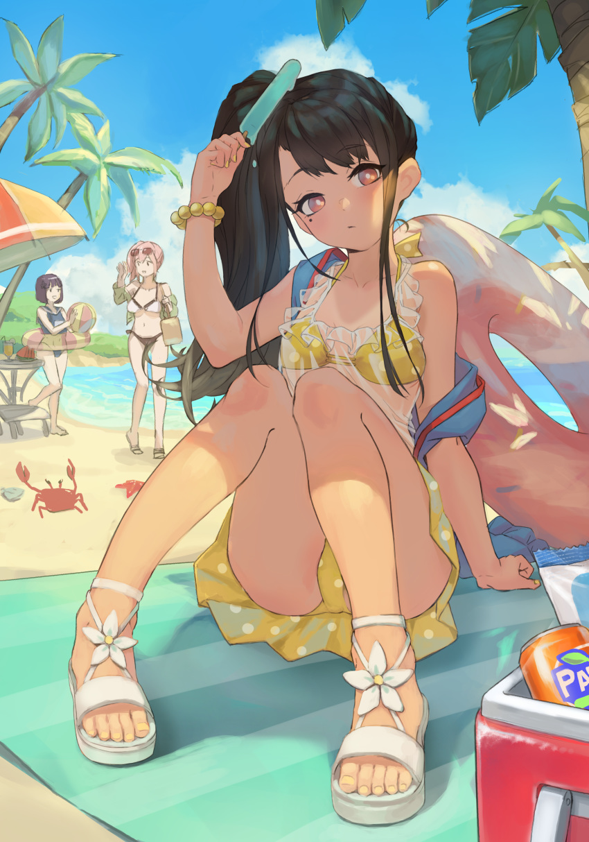 3girls absurdres arm_support ball beach beach_chair beach_towel beach_umbrella beachball bead_bracelet beads bikini bikini_skirt black_hair blue_shirt blue_sky bracelet bright_pupils brown_eyes c-ms_(flying_fish_assault)_(girls'_frontline) c-ms_(girls'_frontline) can closed_mouth cloud cloudy_sky commentary cooler crab cross-laced_sandals dappled_sunlight day drink_can eyewear_on_head fluf.p food girls'_frontline head_tilt highres holding holding_ball holding_food innertube jewelry light_frown looking_at_viewer mismatched_bikini mole mole_under_eye multiple_girls nail_polish ocean off_shoulder official_alternate_costume one-piece_swimsuit open_mouth outdoors palm_tree pink_hair polka_dot polka_dot_bikini popsicle r93_(girls'_frontline) r93_(holiday_lucky_star)_(girls'_frontline) sandals shade shirt side_ponytail sitting skirt sky smile soda_can solo_focus sunglasses sunlight swim_ring swimsuit table toenail_polish toenails towel tree type_4_(cape_no._4)_(girls'_frontline) type_4_(girls'_frontline) umbrella white_footwear white_pupils yellow_bikini yellow_nails yellow_skirt