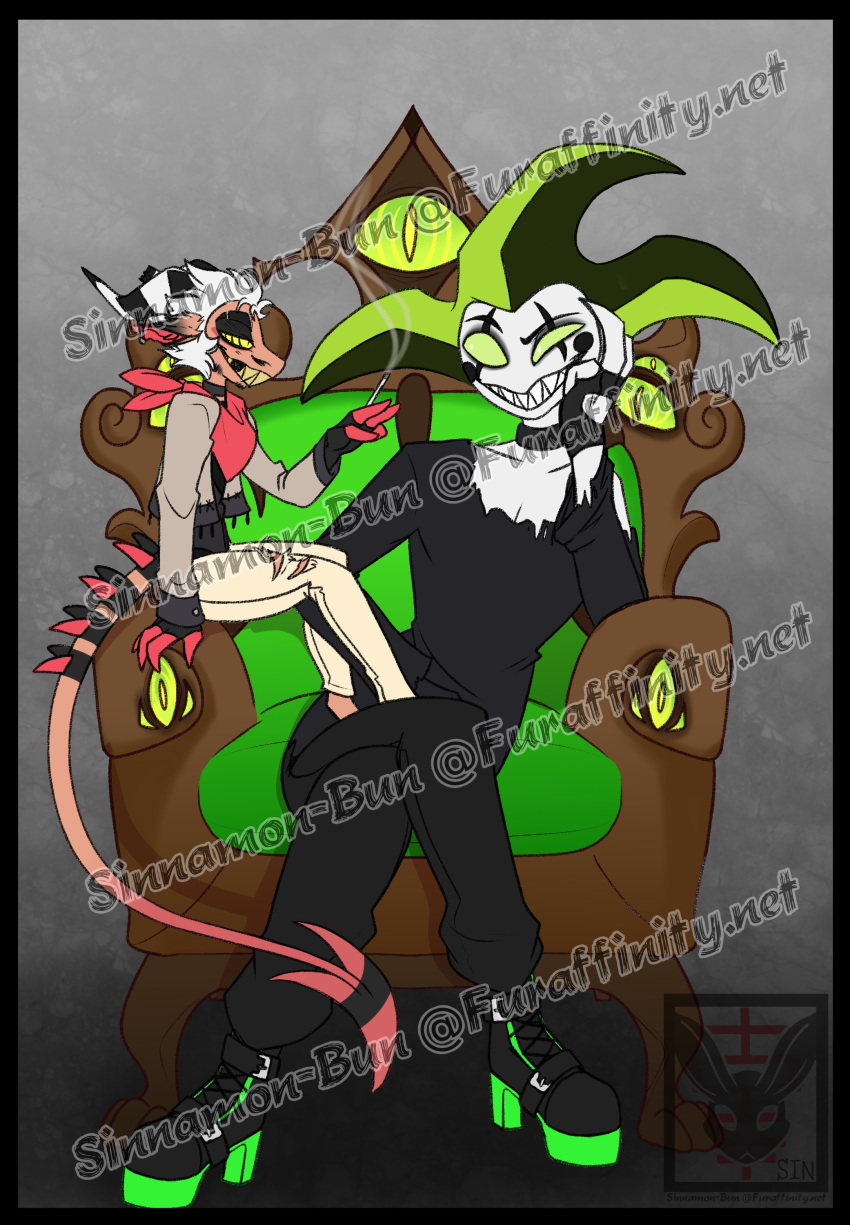 2022 absurd_res black_bottomwear black_clothing black_pants bottomwear chair cigarette clothing demon digital_drawing_(artwork) digital_media_(artwork) distracting_watermark duo footwear furniture green_eyes hair helluva_boss hi_res horn humanoid imp larger_male male mammon_(helluva_boss) pants reptile scalie shoes sinnamon-bun sitting size_difference smaller_male snake striker_(helluva_boss) teeth torn_clothing watermark white_bottomwear white_clothing white_hair white_pants yellow_eyes