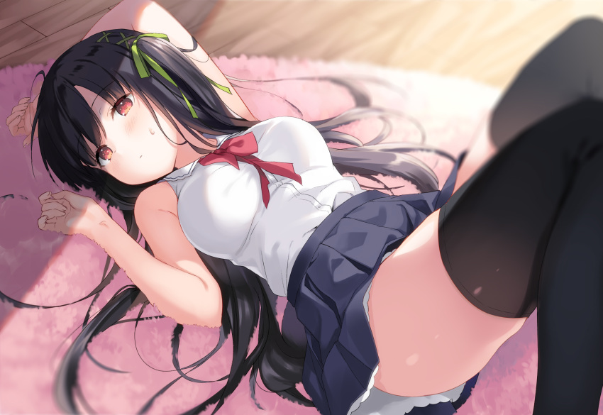 arm_up bare_arms bare_shoulders black_hair black_skirt black_thighhighs blurry blurry_background blush bow bowtie breasts closed_mouth collared_shirt commentary_request depth_of_field female green_ribbons hair_ribbon hand_up highres knees_up kurasawa_moko long_hair looking_at_viewer lying medium_breasts on_back one_side_up original pleated_skirt red_bow red_bowtie red_eyes ribbon school_uniform shirt skirt sleeveless sleeveless_shirt solo sweat thighhighs very_long_hair white_shirt wooden_floor zettai_ryouiki