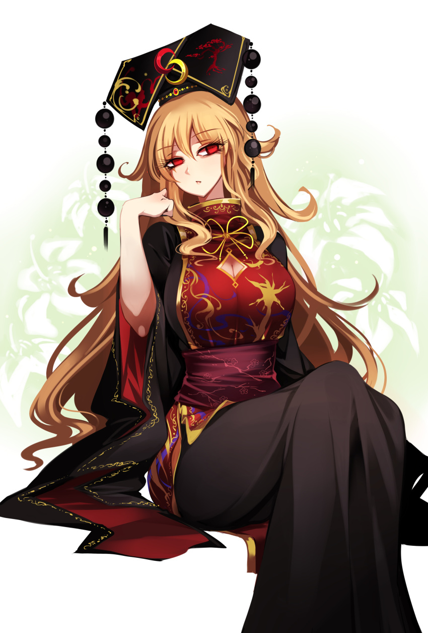 :/ absurdres arm_at_side arm_up black_headwear black_sleeves blonde_hair breasts chinese_clothes cleavage cleavage_cutout clothing_cutout commentary crescent_print dalachi_(headdress) duplicate eyelashes feet_out_of_frame female floral_background flower gold_trim headdress highres junko_(touhou) large_breasts lips long_hair long_sleeves looking_to_the_side obi open_mouth parted_lips patterned_clothing phoenix_crown pixel-perfect_duplicate pom_pom_(clothes) raptor7 red_eyes sash sidelocks sitting solo spider_lily tabard tassel touhou two-sided_fabric white_background wide_sleeves