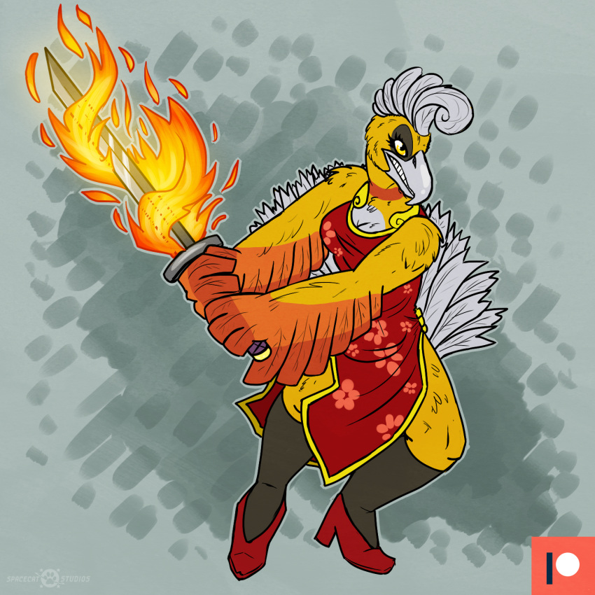 1:1 2018 4_fingers anthro anthrofied avian beak biped bird black_body black_feathers breasts cleavage clenched_teeth clothed clothing curvy_figure digital_media_(artwork) european_mythology eyelashes fan_character feather_hands feathered_crest feathered_wings feathers female fighting_pose fingers fire footwear front_view full-length_portrait fully_clothed generation_2_pokemon greek_mythology grey_background grey_beak grey_body grey_feathers grey_tail head_crest hi_res high_heels ho-oh holding_melee_weapon holding_object holding_sword holding_weapon hourglass_figure keetahspacecat legendary_pokemon melee_weapon multicolored_body multicolored_feathers mythological_avian mythological_bird mythological_creature mythological_firebird mythology nintendo non-mammal_breasts orange_body orange_feathers oria_(ben300) oria_(wyraachur) phoenix pokemon pokemon_(species) pokemorph portrait pose pumps shaded shiny_pokemon signature simple_background solo standing sword tail tail_feathers teeth thick_thighs watermark weapon wide_hips wings yellow_body yellow_eyes yellow_feathers