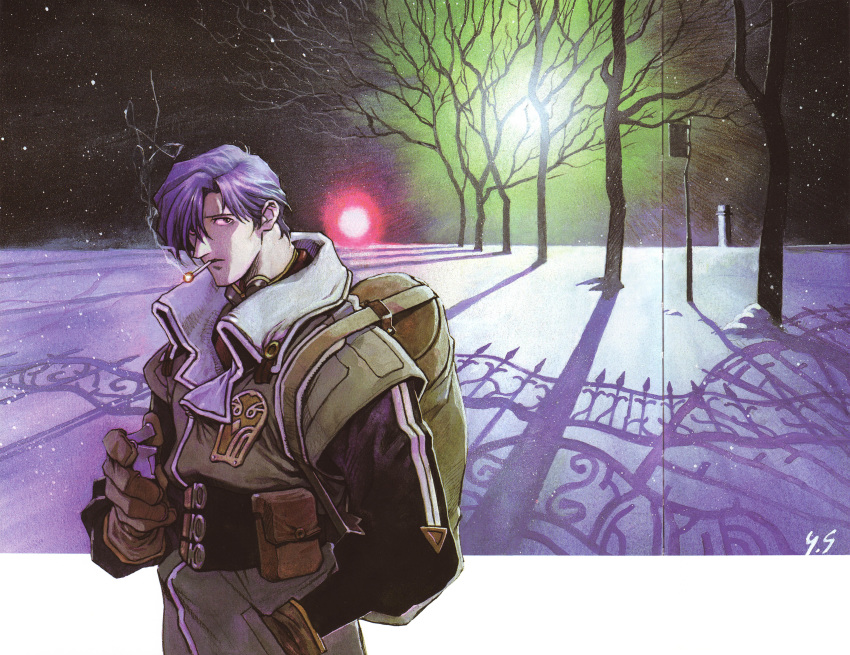 1990s_(style) absurdres aoki_uru blue_hair cigarette gainax goggles highres lighter military military_uniform non-web_source photoshop_(medium) pilot retro_artstyle sadamoto_yoshiyuki scan snow tree uniform winter