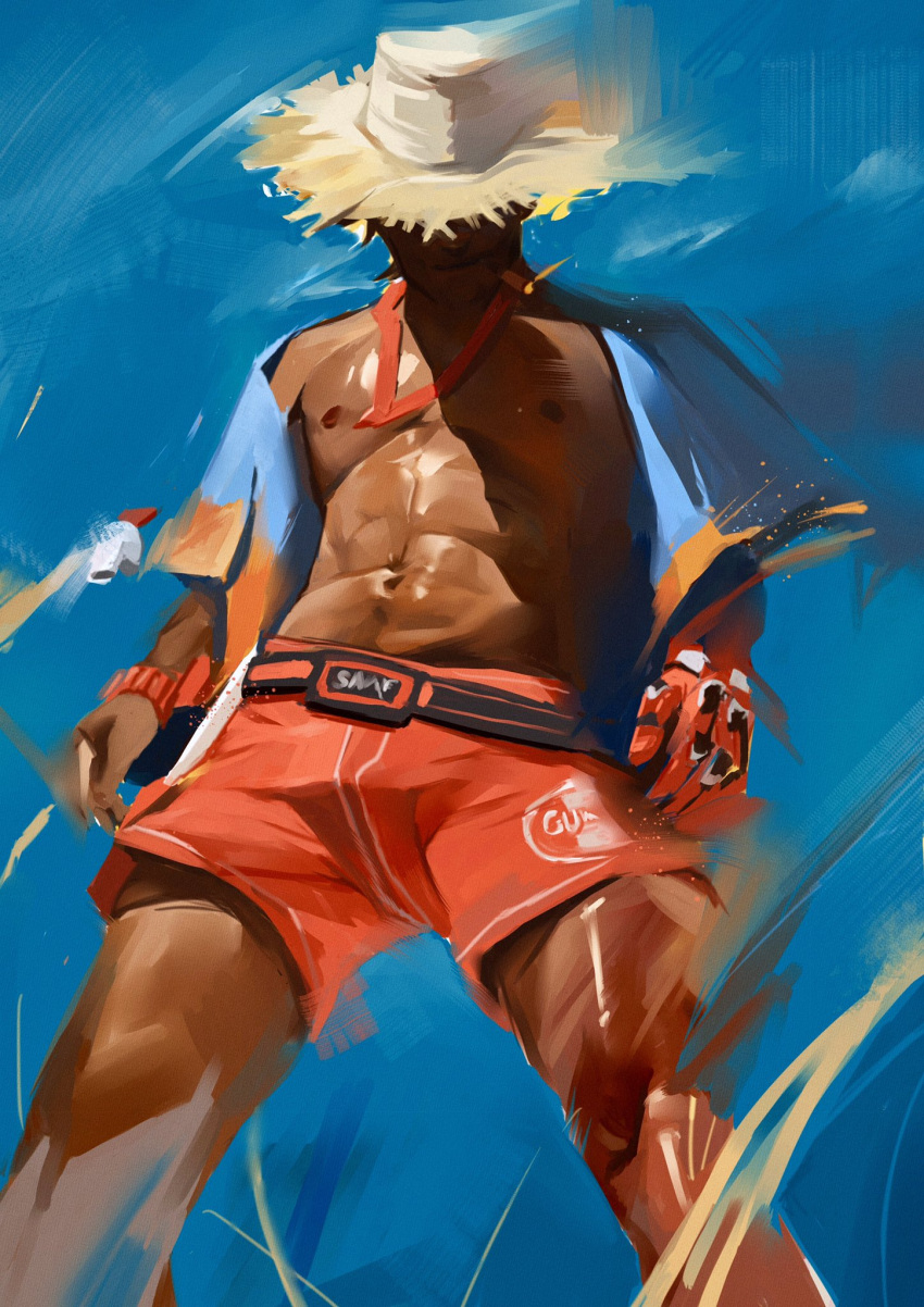 1boy abs bara bare_pectorals cassidy_(overwatch) dark-skinned_male dark_skin feet_out_of_frame from_below hat highres jinhallz large_pectorals lifeguard male_focus male_swimwear muscular muscular_male navel nipples official_alternate_costume orange_male_swimwear overwatch overwatch_1 painterly pectorals short_hair solo standing stomach straw_hat swim_trunks whistle whistle_around_neck