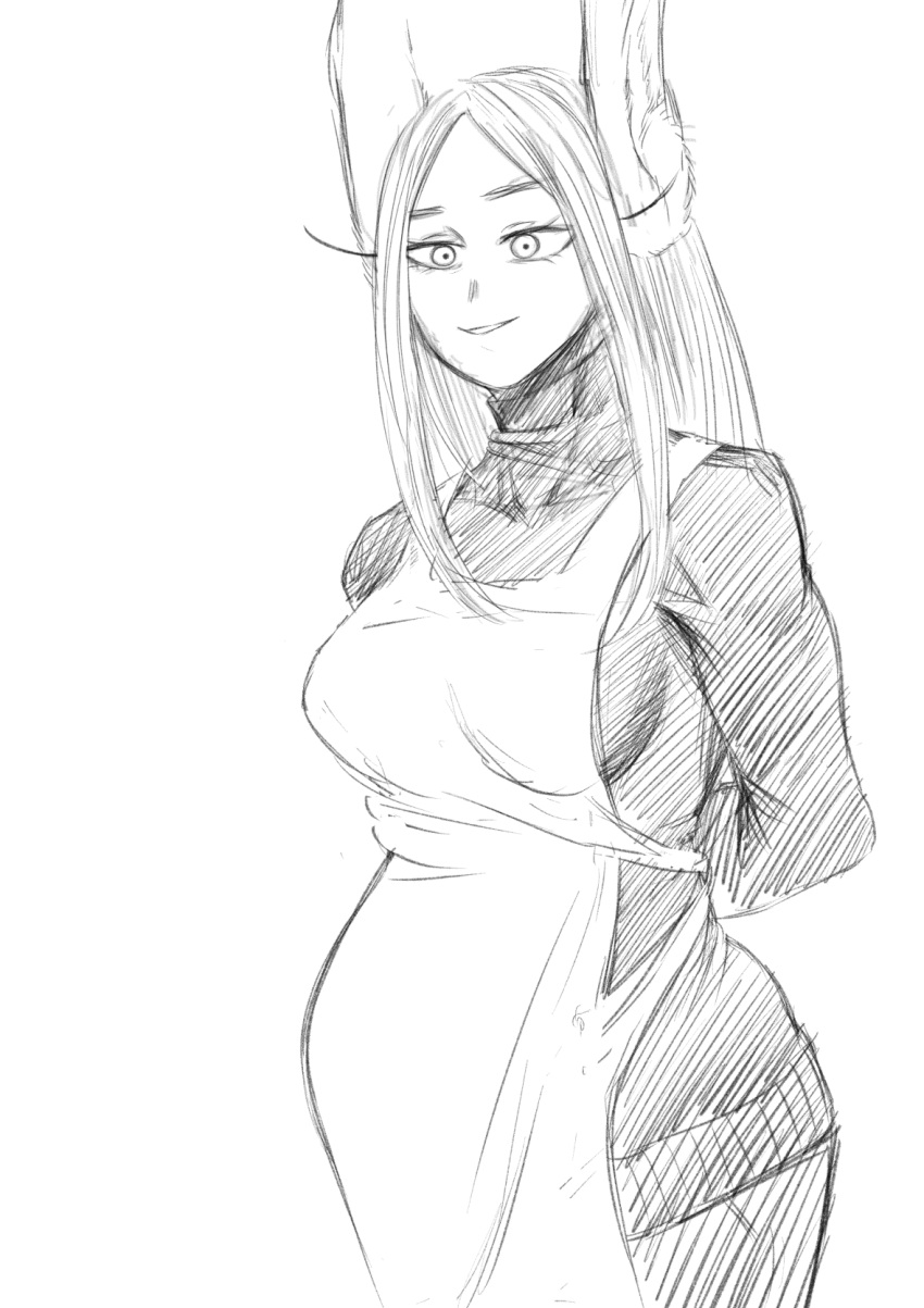 amano44 apron arms_behind_back black_and_white brown_skin bunny_ears bunny_girl fully_clothed happy housewife miruko my_hero_academia no_sex pregnant rumi_usagiyama white_hair wholesome