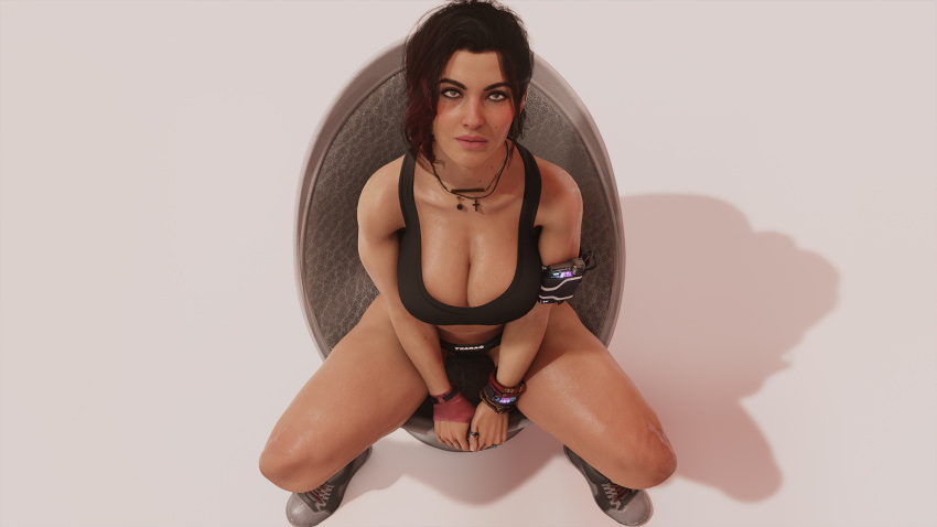 1girls 3d big_breasts bracelet breasts brown_hair cd_projekt_red claire_russell cleavage clothed cyberpunk_2077 eyeliner female hi_res looking_at_viewer looking_up necklace ring sitting sneakers solo sports_bra thick_eyebrows trahao