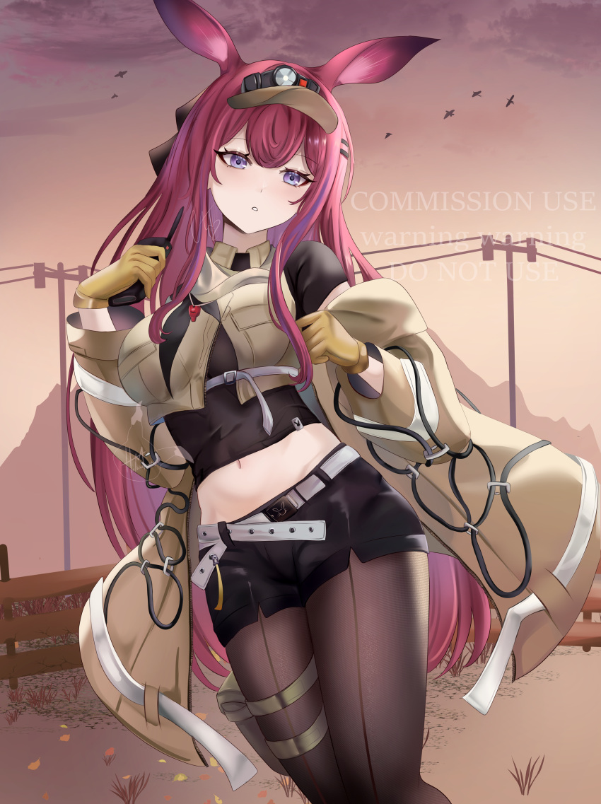 absurdres animal_ears arknights black_shirt black_shorts breasts commission female gloves highres hollow_mimikyu long_hair navel pantyhose power_lines purple_eyes rabbit_ears rabbit_girl ray_(arknights) shirt short_sleeves shorts solo very_long_hair visor_cap yellow_gloves