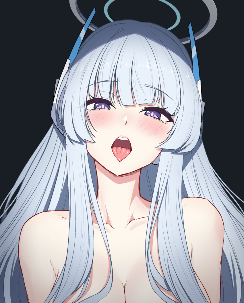 black_background blue_archive blue_hair blunt_bangs blush breasts bright_pupils cleavage collarbone female halo head_tilt headgear highres large_breasts light_blue_hair long_hair looking_at_viewer mechanical_halo naughty_face neck noa_(blue_archive) nude open_mouth purple_eyes reia_76 simple_background solo tongue tongue_out upper_body white_halo