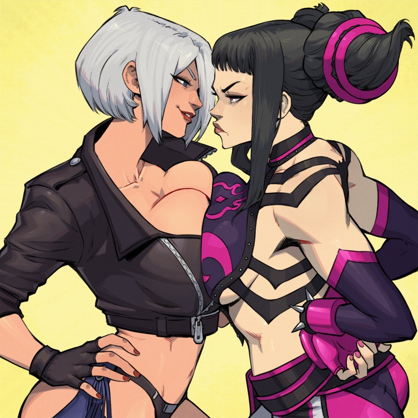 2girls absurdres angel_(kof) asymmetrical_docking black_hair blue_eyes bracelet breast_contest breast_press breasts cleavage commission confrontation crop_top cropped_jacket danusko drill_hair elbow_gloves eye_contact face-to-face faceoff fingerless_gloves glaring gloves hair_horns hair_over_one_eye halterneck highres jacket jewelry juri_han large_breasts leather leather_jacket lightning_glare looking_at_another medium_breasts midriff multicolored_hair multiple_girls nail_polish navel purple_eyes rivalry rivals second-party_source short_hair smile snk spiked_bracelet spikes stare_down symmetrical_docking the_king_of_fighters the_king_of_fighters_2001 the_king_of_fighters_xiv toned underwear white_hair yellow_background