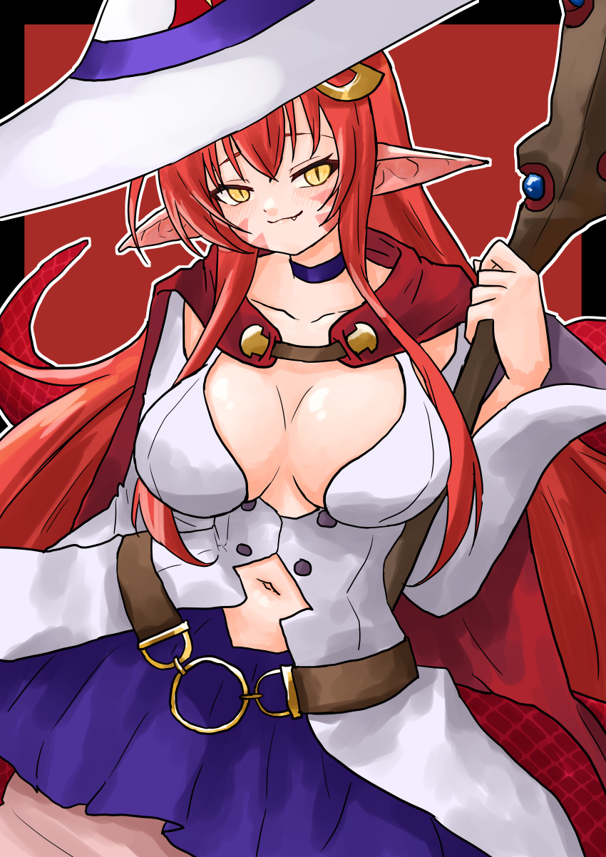 absurdres blush breasts cosplay female hair_ornament hairclip hat highres lamia large_breasts long_hair miia_(monster_musume) monster_girl monster_musume_no_iru_nichijou navel oerba_yun_fang pointy_ears red_scales scales shiny_chariot shiny_chariot_(cosplay) slit_pupils superfann3 witch_hat yellow_eyes