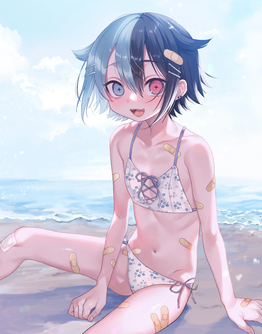 +_+ absurdres bandaid bandaid_hair_ornament bandaid_on_arm bandaid_on_hand bandaid_on_leg bandaid_on_stomach bandaid_on_thigh beach bikini black_hair blue_eyes blue_hair blue_sky blush commentary_request dancho dancho_(dancyo) ear_piercing female flat_chest gauze_on_knee hair_ornament hairclip heterochromia highres kujirakawa_zoo looking_at_viewer navel ocean open_mouth outdoors piercing red_eyes sharp_teeth short_hair side-tie_bikini_bottom sitting sky smile solo swimsuit teeth too_many_bandaids water