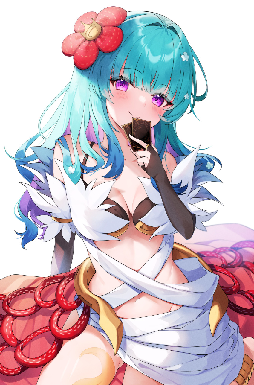 40_(0f0urw) absurdres anklet aqua_hair bare_shoulders black_bridal_gauntlets blue_hair blush breasts bridal_gauntlets card cleavage collarbone cosplay duel_monster female flower gradient_hair hair_flower hair_ornament highres holding holding_card jewelry long_hair majokko_meimi medium_breasts multicolored_hair navel production_kawaii purple_eyes purple_hair red_flower second-party_source solo traptrix_rafflesia traptrix_rafflesia_(cosplay) virtual_youtuber white_background yu-gi-oh!