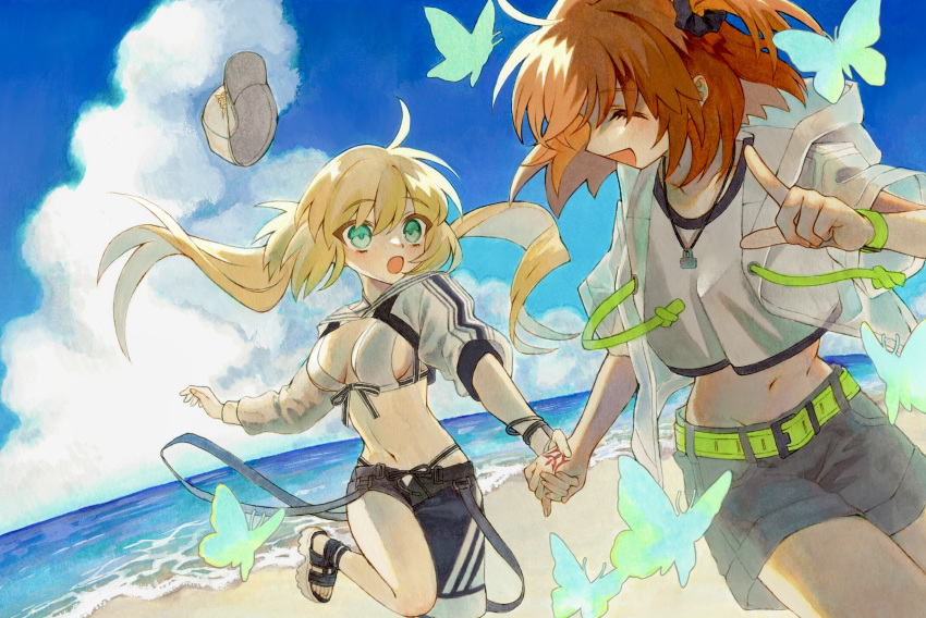 2girls ahoge artoria_caster_(fate) artoria_caster_(swimsuit)_(fate) artoria_caster_(swimsuit)_(first_ascension)_(fate) artoria_pendragon_(fate) asymmetrical_clothes baseball_cap beach belt bikini black_pants black_scrunchie black_shorts blue_sky breasts cleavage closed_eyes cloud command_spell commentary_request cropped_jacket day fate/grand_order fate_(series) floating_hair fujimaru_ritsuka_(female) fujimaru_ritsuka_(female)_(summer_street) green_belt green_eyes hair_ornament hair_scrunchie hat highres holding_hands index_finger_raised jacket karin_(salmonosushi) long_hair looking_at_another marker_(medium) medium_breasts midriff multiple_girls navel official_alternate_costume open_mouth orange_hair outdoors pants sand sandals scrunchie see-through see-through_jacket shirt short_hair short_sleeves shorts side_ponytail single_pantsleg sky smile stomach swimsuit toes traditional_media twintails unworn_hat unworn_headwear very_long_hair white_bikini white_jacket white_shirt