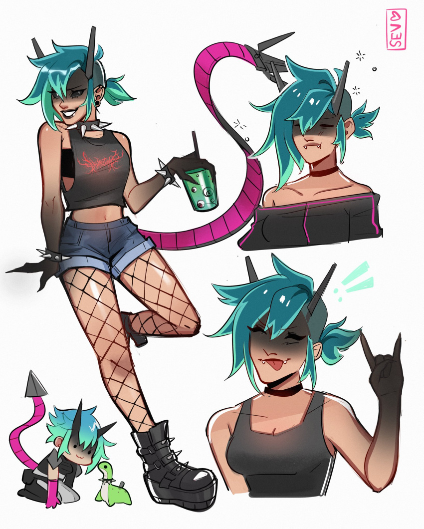 \n/ ^_^ alter_(apex_legends) alternate_costume apex_legends aqua_hair artist_name band_shirt bandeau black_bandeau black_collar black_eyes black_footwear black_lips black_pantyhose black_sclera black_sweater blue_shorts boots chibi chibi_inset choker closed_eyes collar colored_sclera cup denim denim_shorts english_commentary fangs female fishnet_pantyhose fishnets frown hair_behind_ear heart highres holding holding_cup mechanical_tail merchandise midriff_peek multiple_views navel off-shoulder_sweater off_shoulder pantyhose ponytail pout sevpha shorts spiked_choker spikes stuffed_toy sweater tail tongue tongue_out v-shaped_eyebrows white_background yellow_eyes