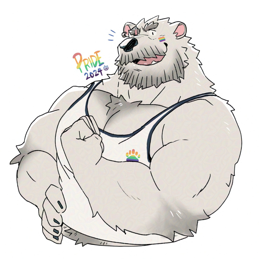 1boy animal_ear_piercing animal_ears another_eidos-r bara bear_boy bear_ears beard chest_tuft clenched_hand cropped_torso facial_hair facial_mark flexing furry furry_male gamubear hand_on_own_hip highres large_pectorals lgbt_pride male_focus moustache muscular muscular_male navel_hair_peek notice_lines open_mouth paw_print pectoral_cleavage pectorals rainbow_flag_tattoo scar scar_across_eye signature sigvaldi_(another_eidos) simple_background snout solo tank_top thick_arms thick_eyebrows thick_mustache white_background white_fur white_tank_top