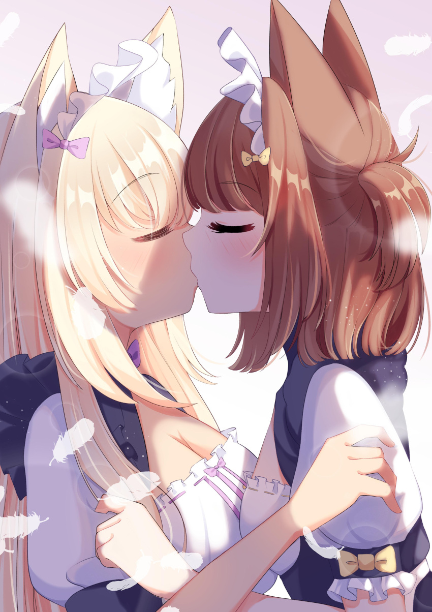 absurdres animal_ears azuki_(nekopara) blonde_hair blush breasts brown_hair cat_ears cat_girl closed_eyes coconut_(nekopara) highres kissing maid nekopara short_hair yuri