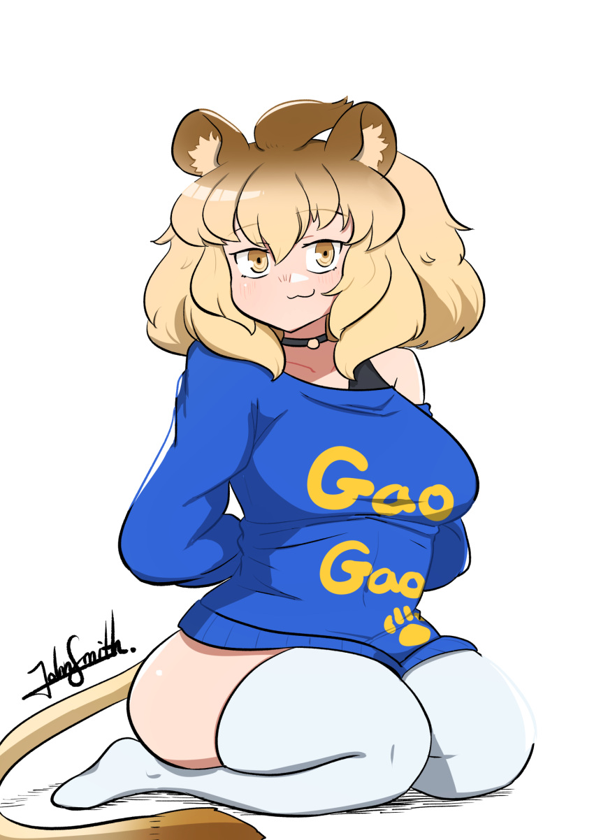 animal_ears blonde_hair blue_shirt bra_strap breasts female hair_between_eyes highres jewelry john_(a2556349) kemono_friends kemono_friends_3 kneeling large_breasts lion_(kemono_friends) lion_ears lion_tail long_hair long_sleeves looking_at_viewer multicolored_hair necklace official_alternate_costume shirt smile solo tail thighhighs yellow_eyes