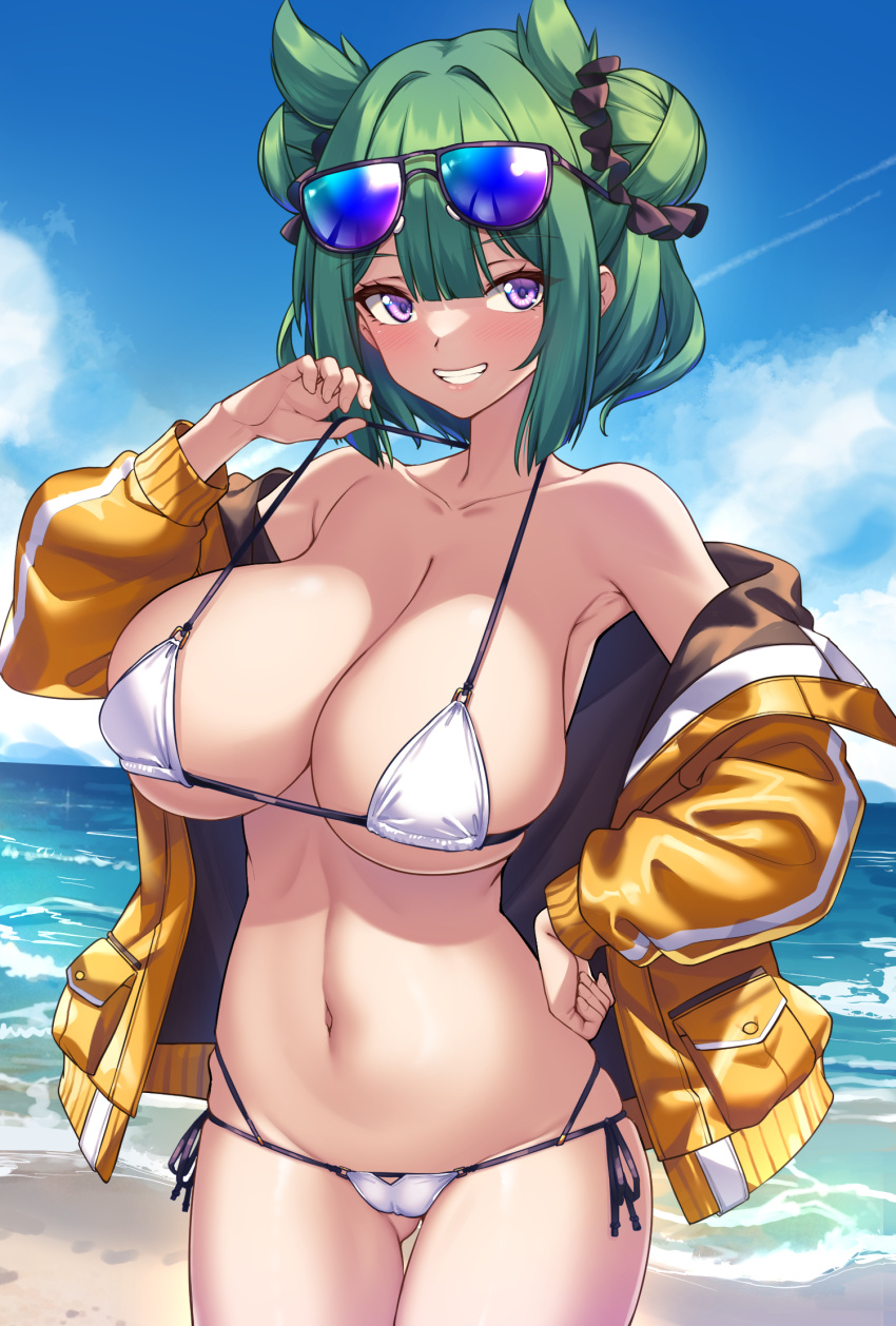 armpits ass_visible_through_thighs bakuon!! bikini blue_sky breasts cameltoe cleavage cloud cloudy_sky commentary commentary_request commission day double_bun eyewear_on_head female green_hair hair_bun hand_on_own_hip highres jacket large_breasts long_sleeves looking_at_viewer navel ocean off_shoulder orange_jacket outdoors pocket purple_eyes rin_monyan sand shirokuma_a skeb_commission sky smile standing sunglasses swimsuit teeth white_bikini