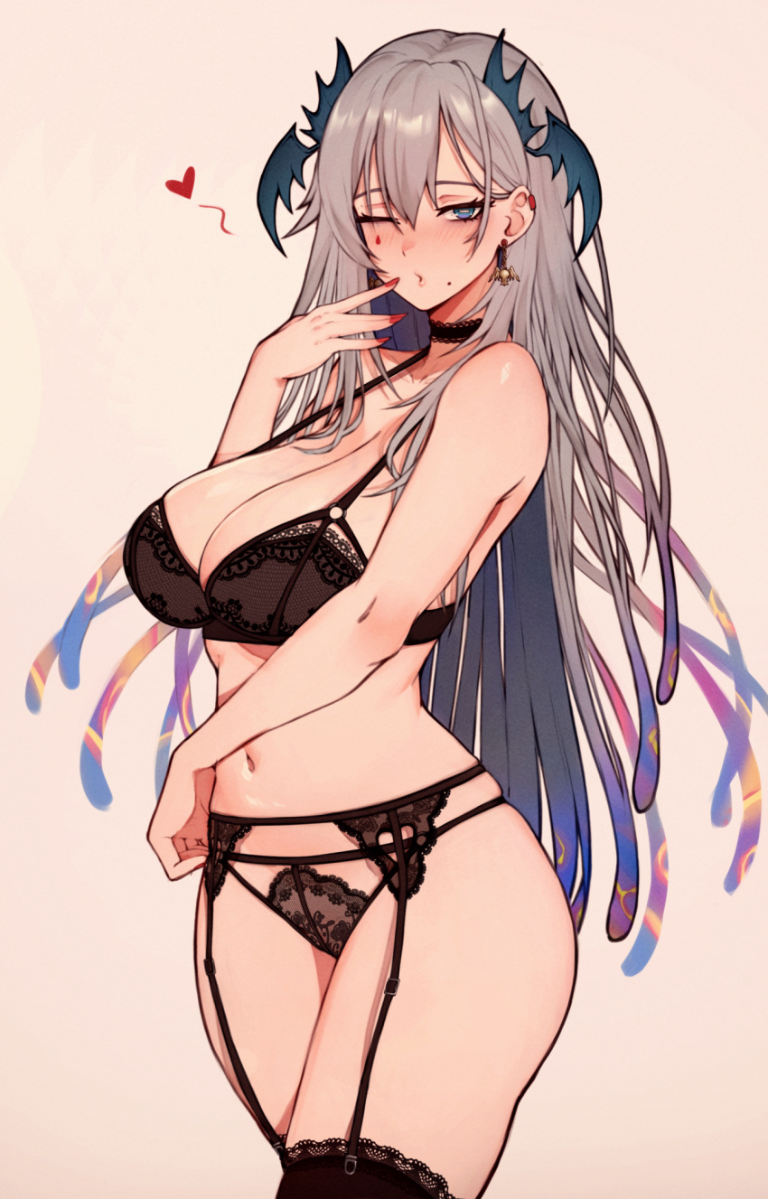 black_bra black_choker black_panties blue_eyes blush bra breasts choker cleavage female garter_belt grey_hair hair_between_eyes head_wings highres indie_virtual_youtuber lace lace_choker large_breasts lingerie long_hair mole mole_under_mouth navel panties pochimaru_(vtuber) red_nails smile solo thighhighs underwear variant_set varniskarnis virtual_youtuber wings