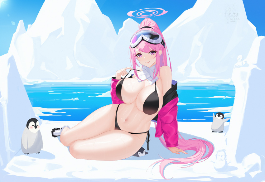 absurdres arm_support bikini bird black_bikini blue_archive blush breasts cleavage doodle_sensei_(blue_archive) down_jacket eimi_(blue_archive) eimi_(swimsuit)_(blue_archive) female goggles goggles_on_head halo highres jacket jacket_partially_removed large_breasts long_hair nanqizizhou navel outdoors penguin pink_eyes pink_hair pink_halo pink_jacket ponytail scarf sensei_(blue_archive) side-tie_bikini_bottom sidelocks sitting ski_goggles smile snowman solo stomach string_bikini swimsuit very_long_hair white_scarf yokozuwari